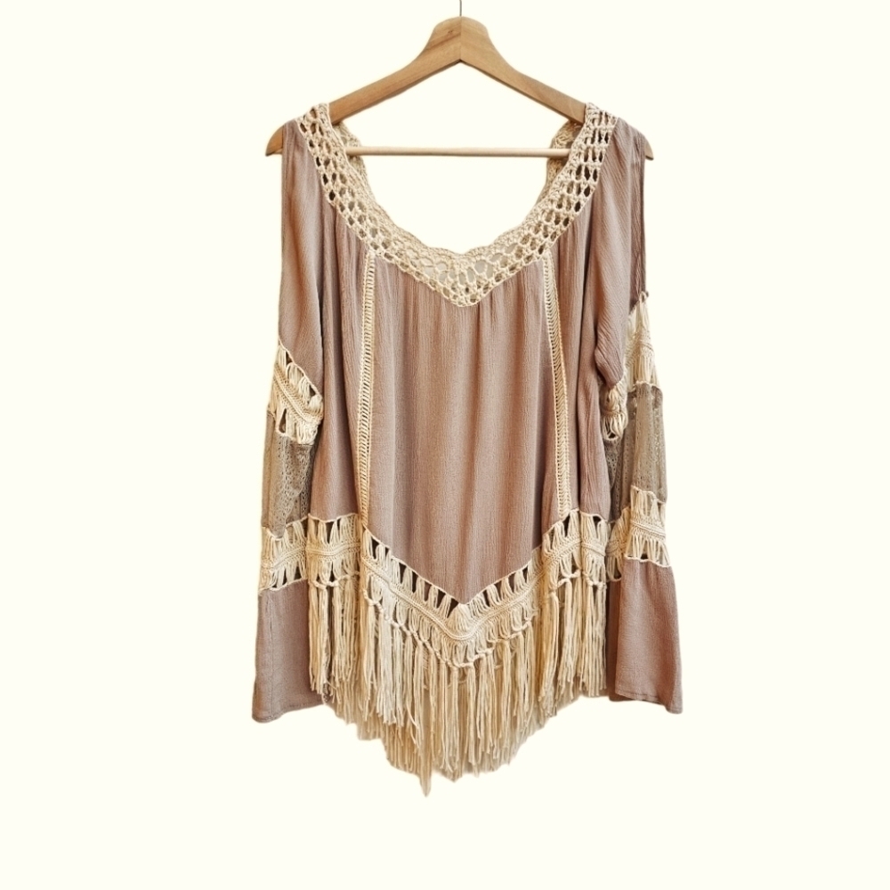 Umgee Macrame Fringe Tunic in Nude Tan Light Brown, Size Small (Oversized) - Picture 2 of 10